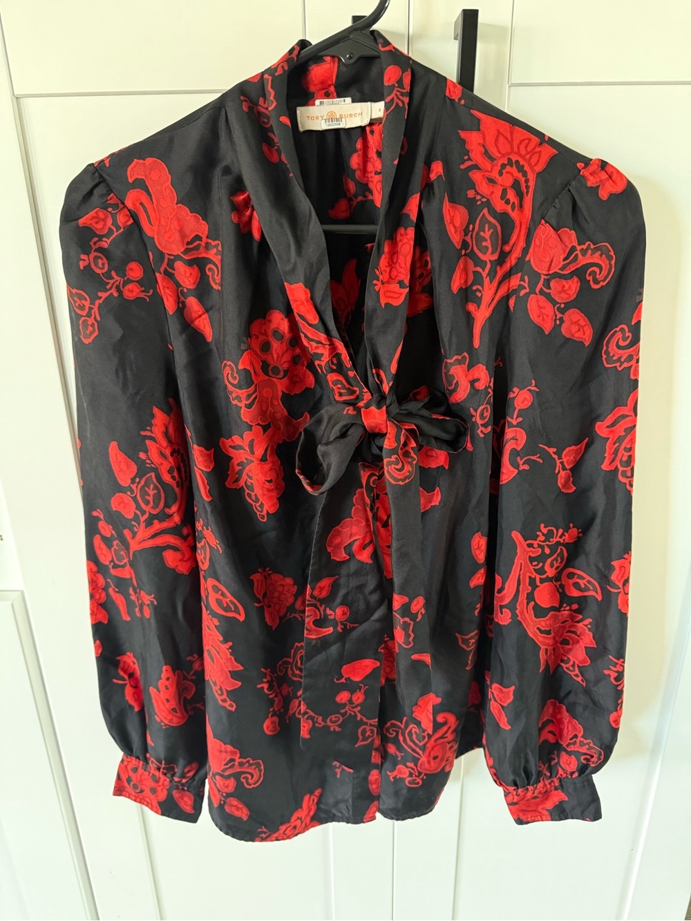 Tory Burch Red Floral Tie-Neck Blouse